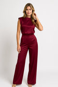 Women's Sleeveless Jumpsuit with Satin Look and Wide Legs - Wine Red