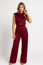 Women's Sleeveless Jumpsuit with Satin Look and Wide Legs - Wine Red