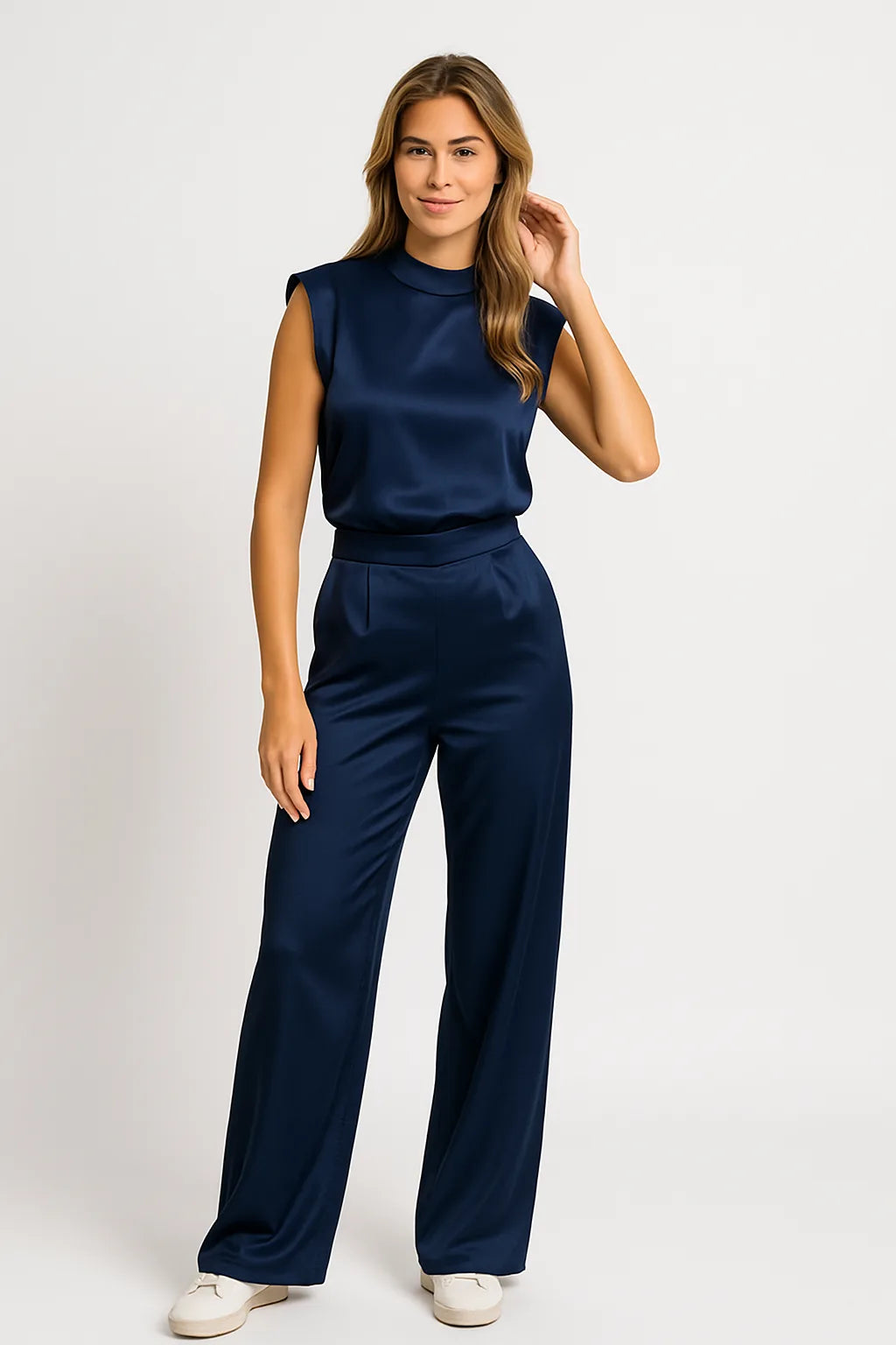 Women's Sleeveless Jumpsuit with Satin Look and Wide Legs - Navy Blue