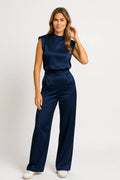 Women's Sleeveless Jumpsuit with Satin Look and Wide Legs - Navy Blue