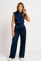 Women's Sleeveless Jumpsuit with Satin Look and Wide Legs - Navy Blue
