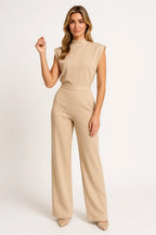 Women's Sleeveless Jumpsuit with Satin Look and Wide Legs - Beige