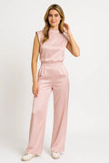 Women's Sleeveless Jumpsuit with Satin Look and Wide Legs - Light Pink