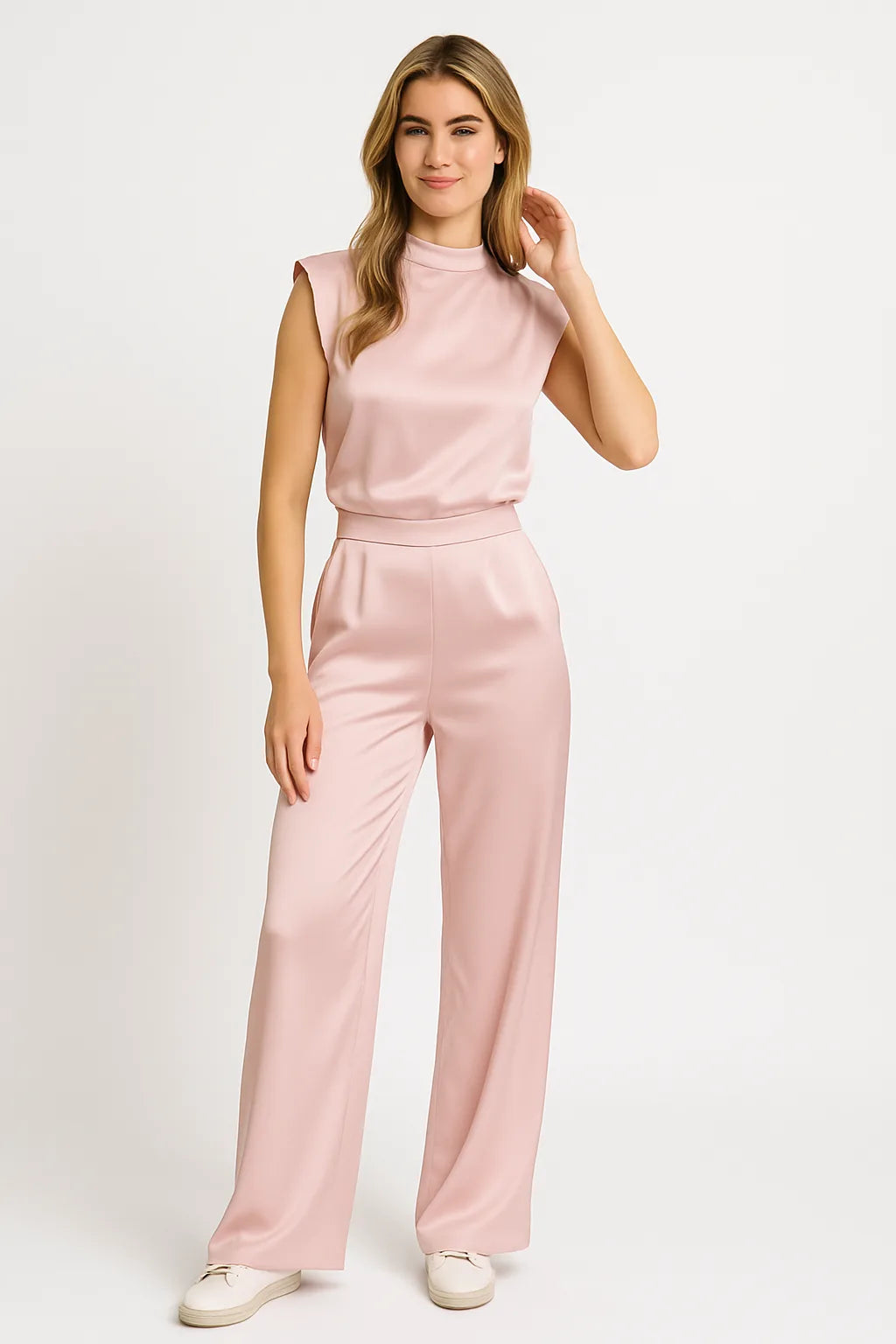 Women's Sleeveless Jumpsuit with Satin Look and Wide Legs - Light Pink