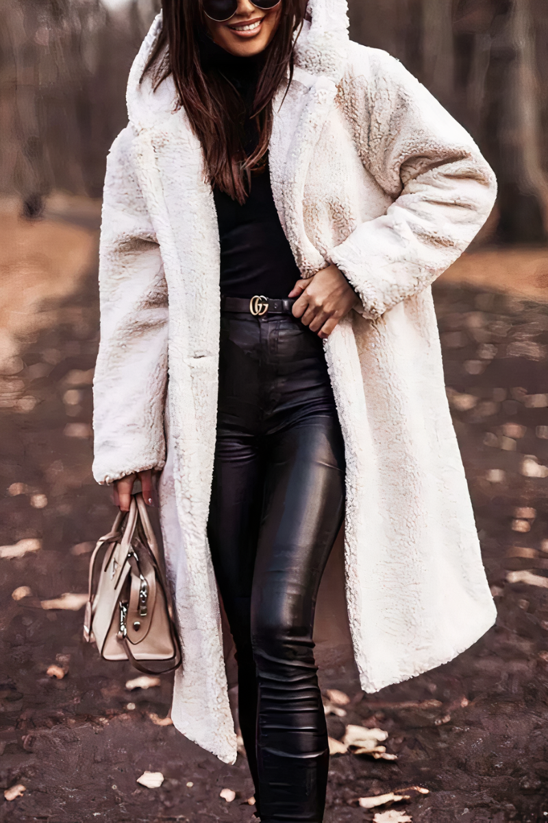 Women's Long Oversized Coat with Hood and Textured Finish - White