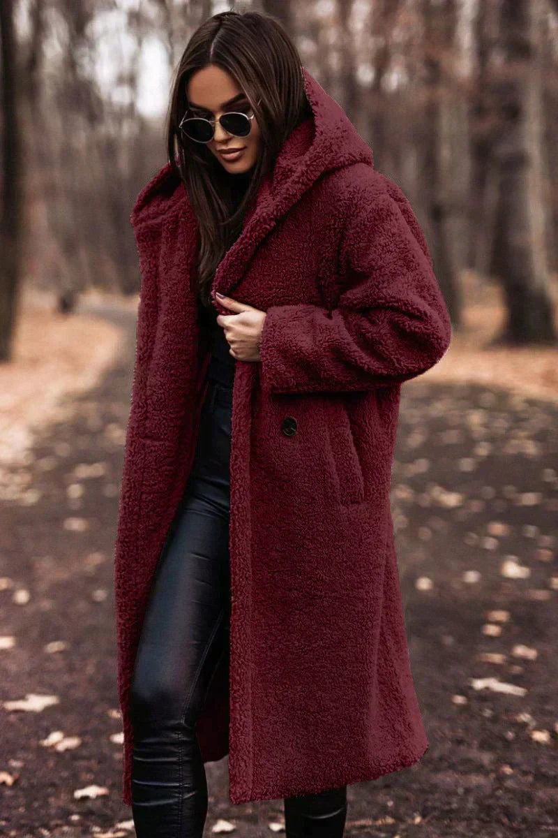 Women's Long Oversized Coat with Hood and Textured Finish - Red