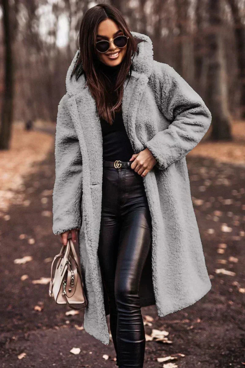 Women's Long Oversized Coat with Hood and Textured Finish - Grey