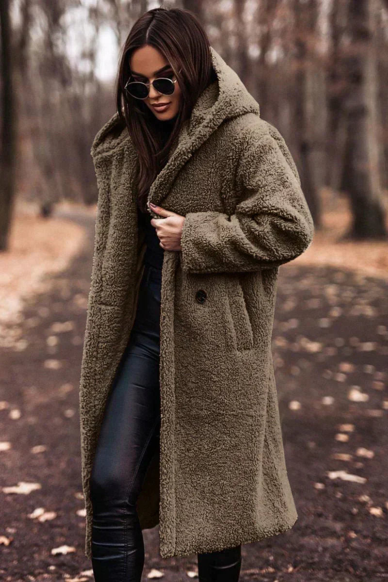 Women's Long Oversized Coat with Hood and Textured Finish - Khaki