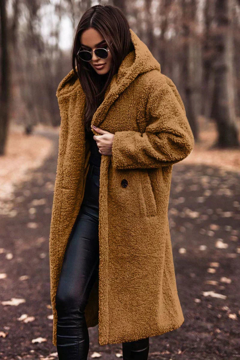 Women's Long Oversized Coat with Hood and Textured Finish - Light Brown