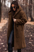 Women's Long Oversized Coat with Hood and Textured Finish - Brown