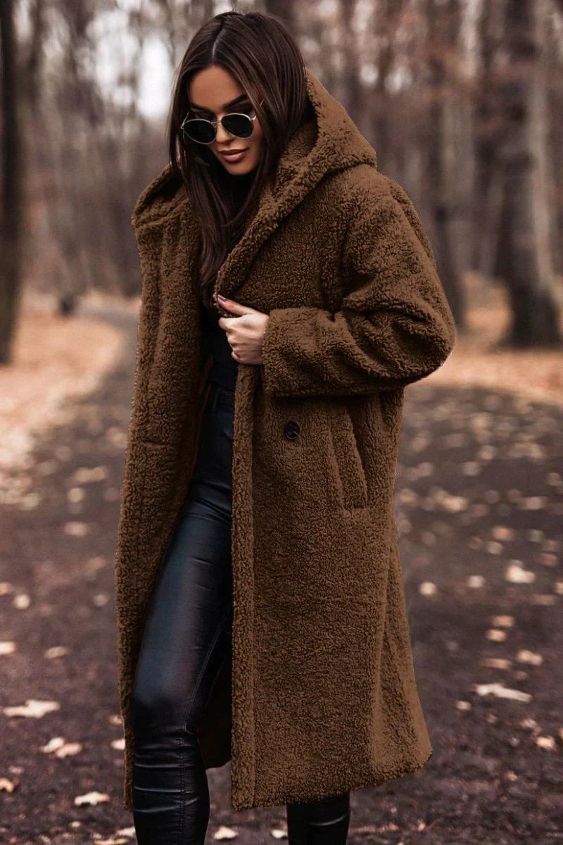 Women's Long Oversized Coat with Hood and Textured Finish - Brown