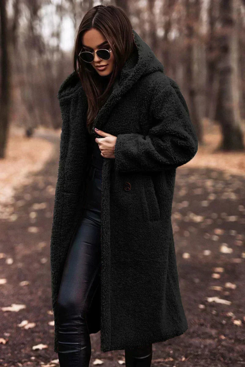 Women's Long Oversized Coat with Hood and Textured Finish - Black