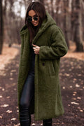 Women's Long Oversized Coat with Hood and Textured Finish - Green
