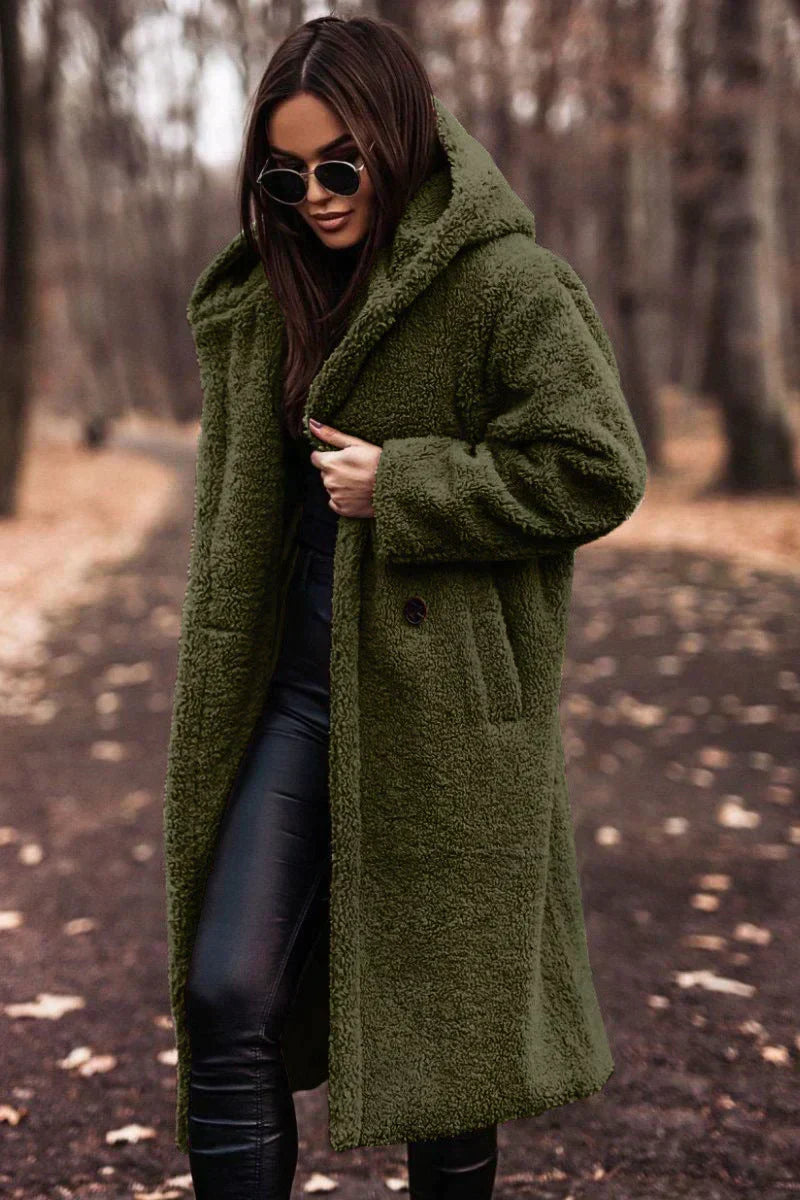 Women's Long Oversized Coat with Hood and Textured Finish - Green