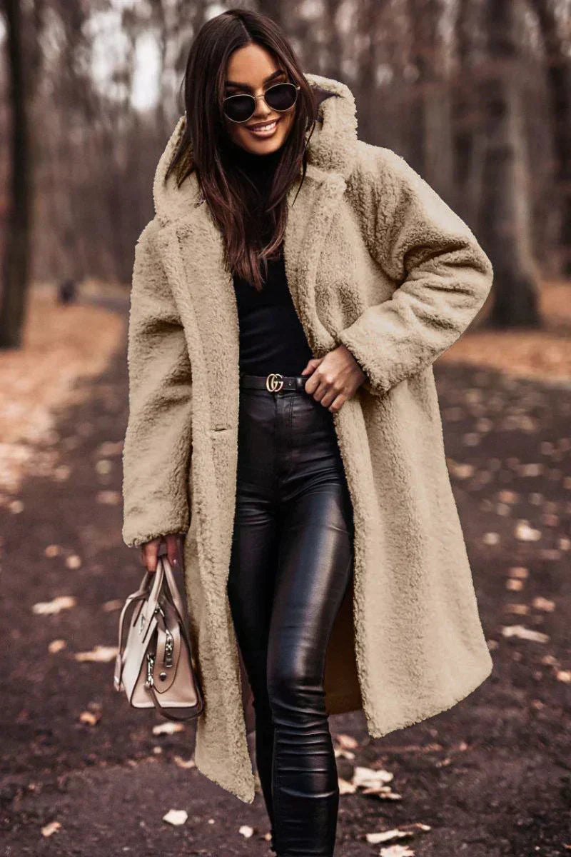 Women's Long Oversized Coat with Hood and Textured Finish - Beige