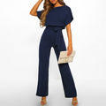 Women's Wide Leg Jumpsuit with Tie Belt and Short Sleeves - Navy