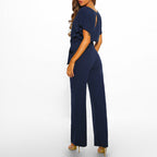 Women's Wide Leg Jumpsuit with Tie Belt and Short Sleeves - 3