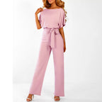 Women's Wide Leg Jumpsuit with Tie Belt and Short Sleeves - Pink