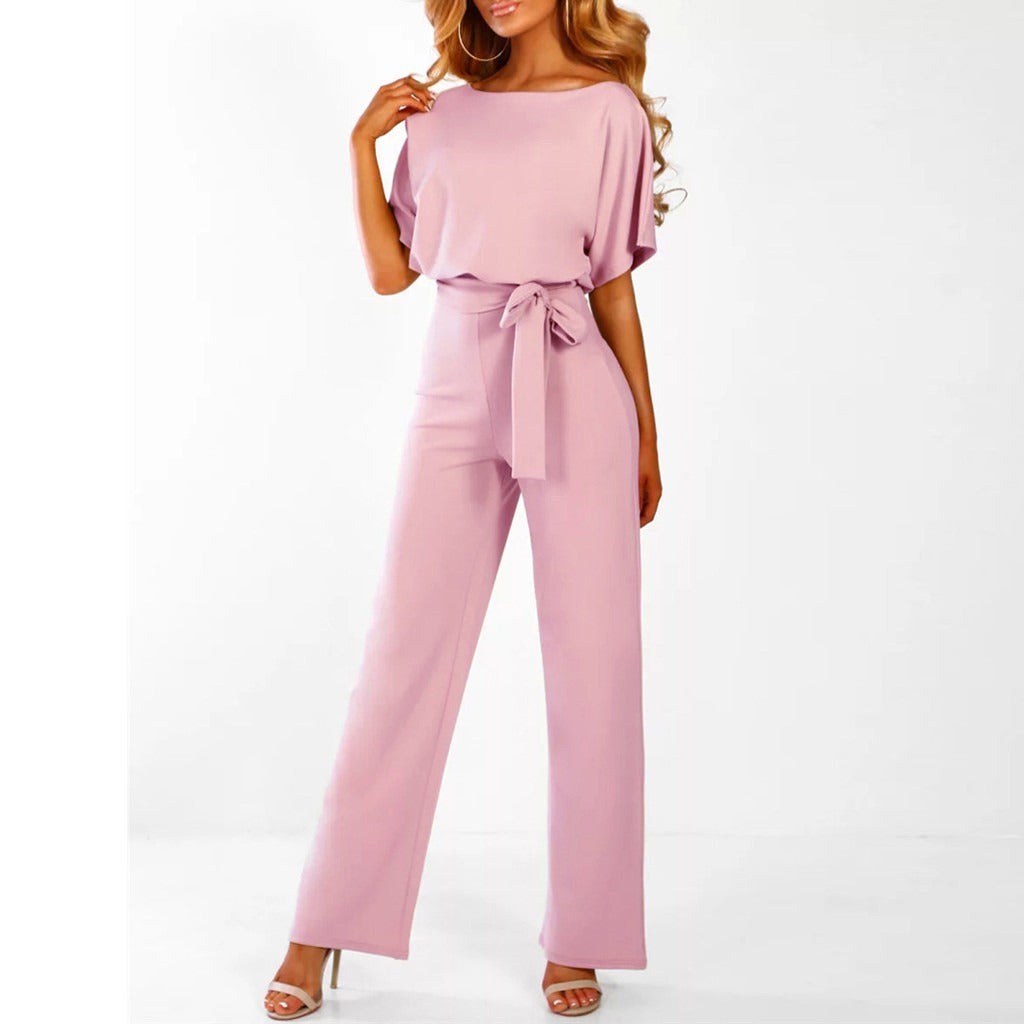 Women's Wide Leg Jumpsuit with Tie Belt and Short Sleeves - Pink