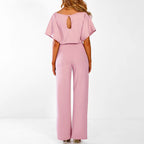 Women's Wide Leg Jumpsuit with Tie Belt and Short Sleeves - 5