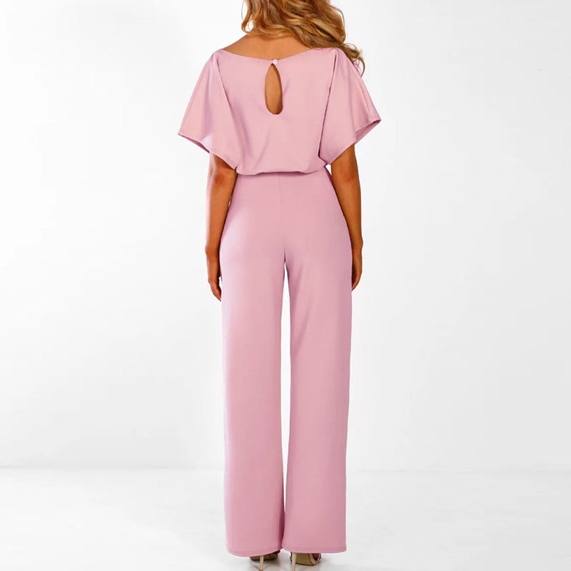 Women's Wide Leg Jumpsuit with Tie Belt and Short Sleeves - 5