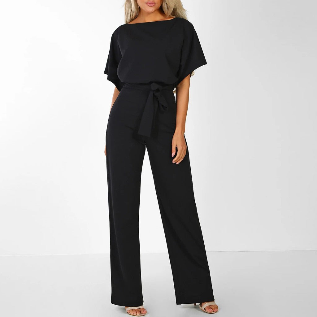 Women's Wide Leg Jumpsuit with Tie Belt and Short Sleeves - Black