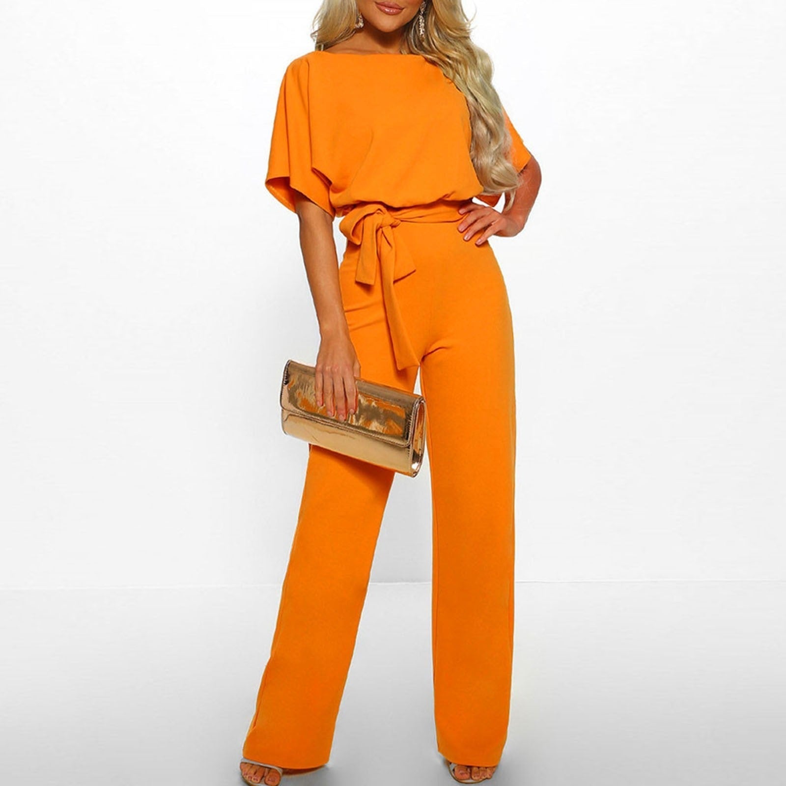 Women's Wide Leg Jumpsuit with Tie Belt and Short Sleeves - Orange