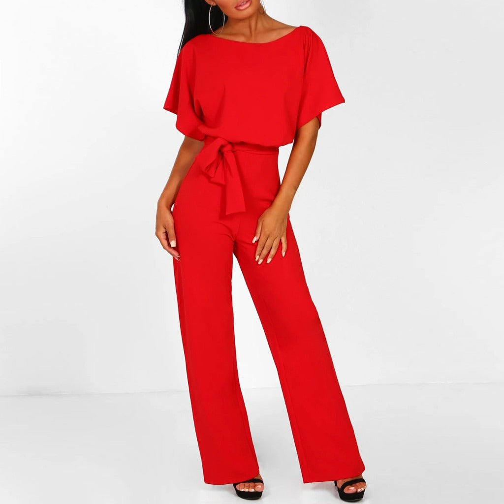 Women's Wide Leg Jumpsuit with Tie Belt and Short Sleeves - Red
