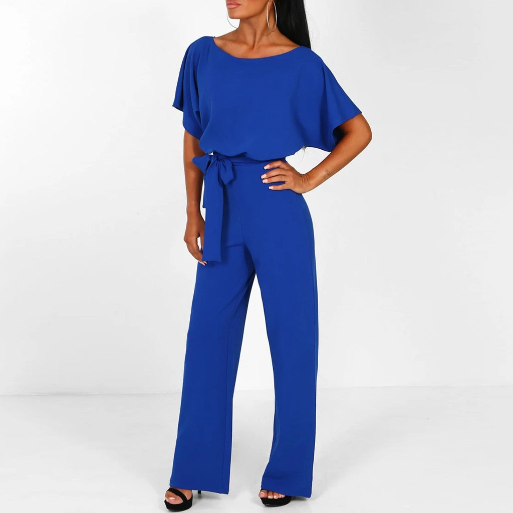 Women's Wide Leg Jumpsuit with Tie Belt and Short Sleeves - Blue