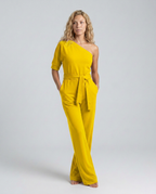 Women's Off-Shoulder Jumpsuit with Wide-Leg Trousers and Tie Belt - Yellow