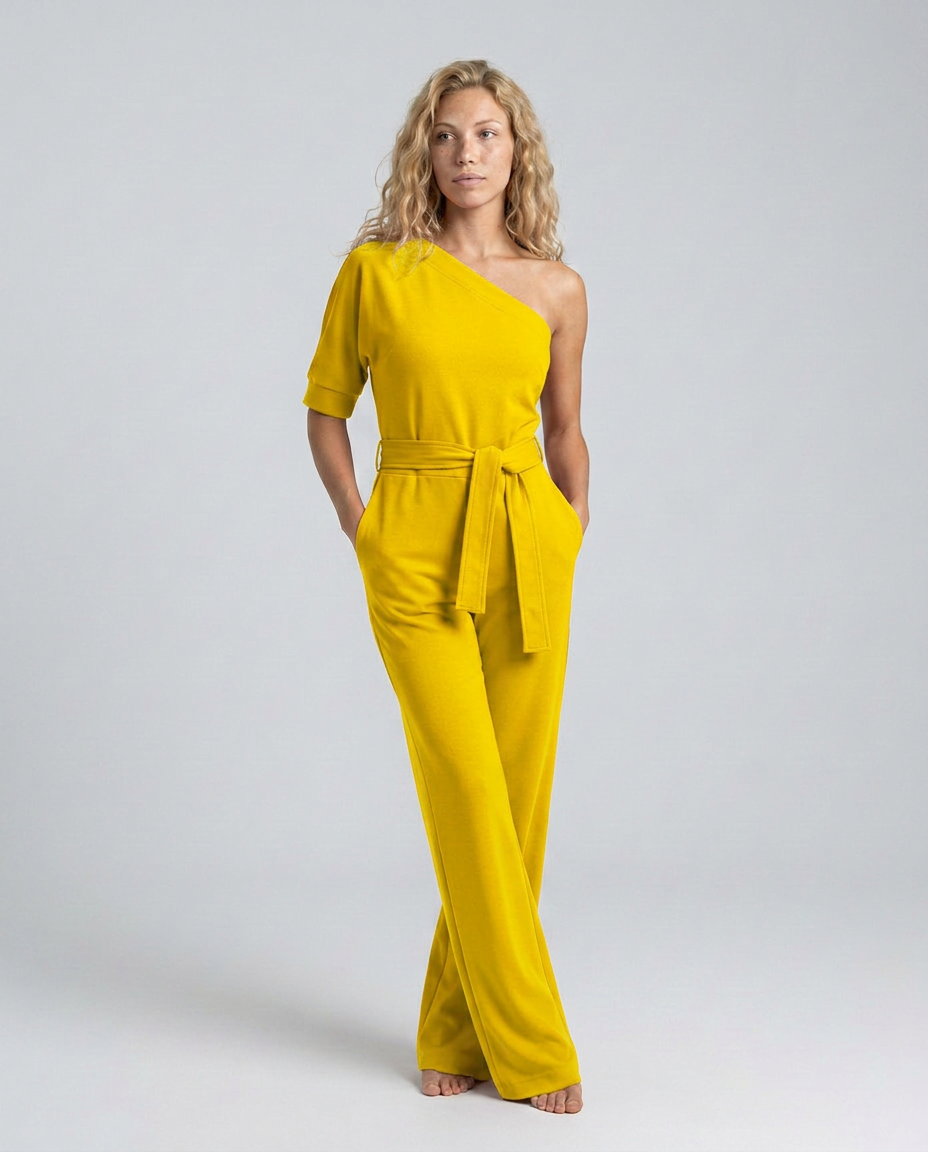 Women's Off-Shoulder Jumpsuit with Wide-Leg Trousers and Tie Belt - Yellow