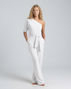 Women's Off-Shoulder Jumpsuit with Wide-Leg Trousers and Tie Belt - White