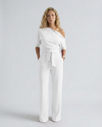 Women's Off-Shoulder Jumpsuit with Wide-Leg Trousers and Tie Belt - 5