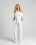 Women's Off-Shoulder Jumpsuit with Wide-Leg Trousers and Tie Belt - 7