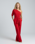 Women's Off-Shoulder Jumpsuit with Wide-Leg Trousers and Tie Belt - Red
