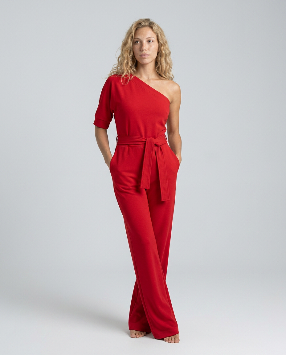 Women's Off-Shoulder Jumpsuit with Wide-Leg Trousers and Tie Belt - Red