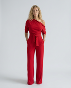 Women's Off-Shoulder Jumpsuit with Wide-Leg Trousers and Tie Belt - 2