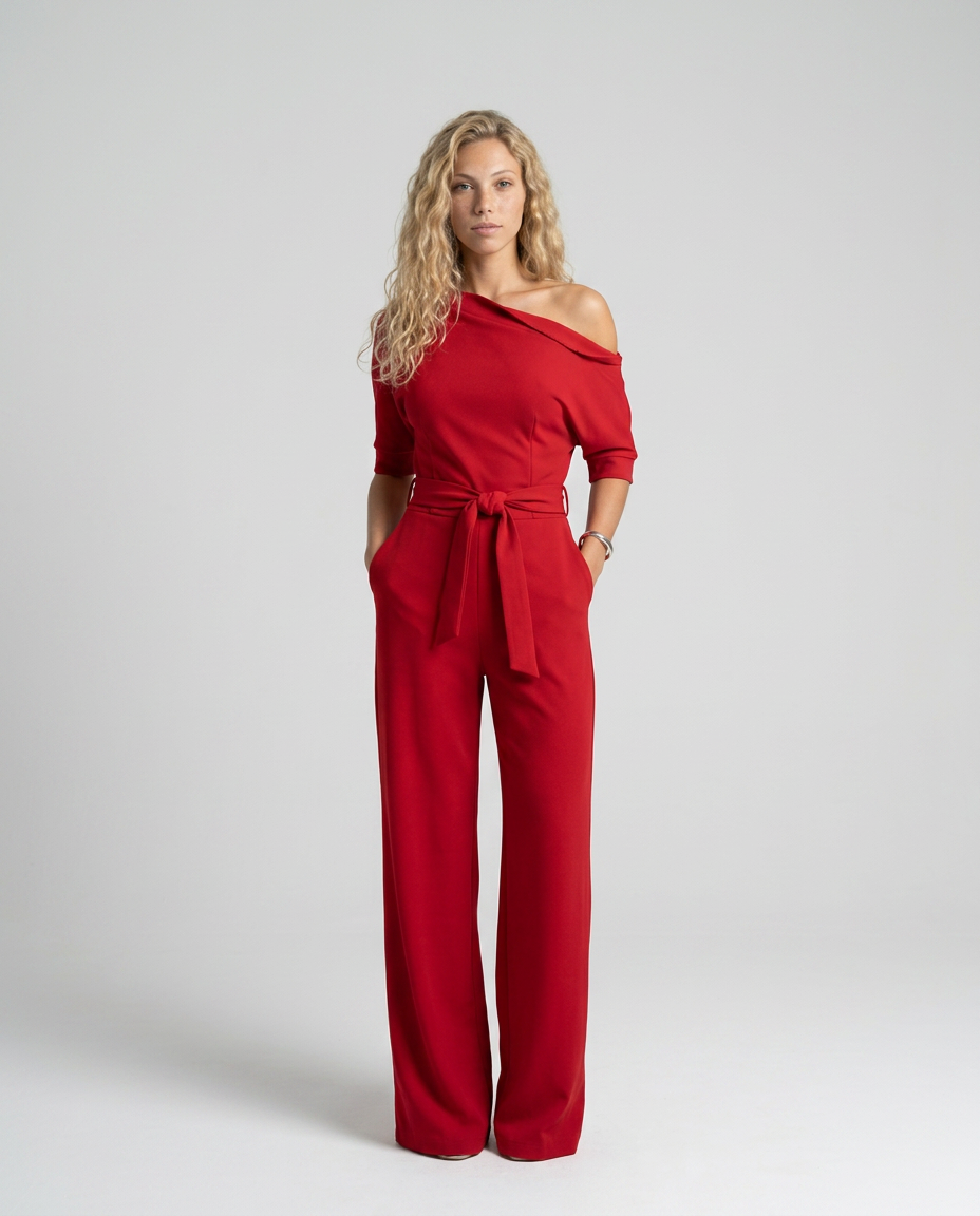 Women's Off-Shoulder Jumpsuit with Wide-Leg Trousers and Tie Belt - 4