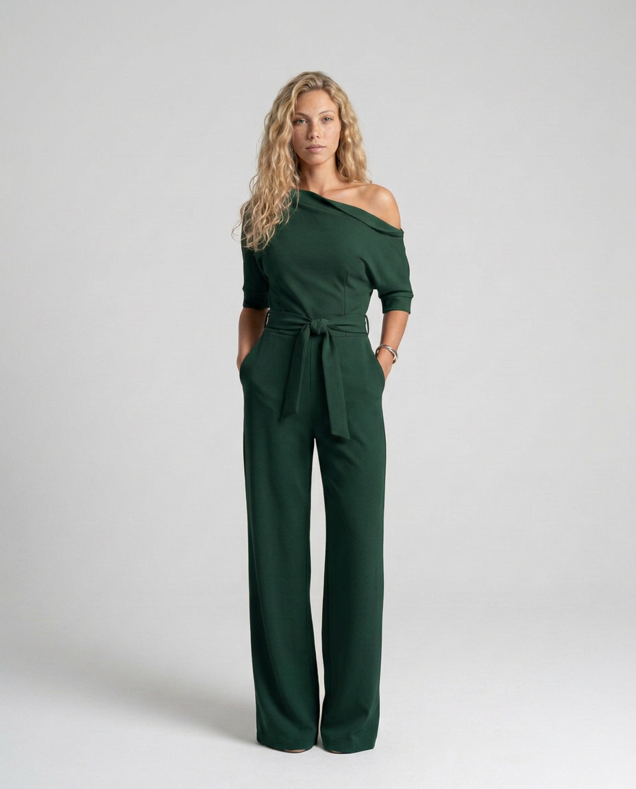 Women's Off-Shoulder Jumpsuit with Wide-Leg Trousers and Tie Belt - 18