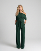Women's Off-Shoulder Jumpsuit with Wide-Leg Trousers and Tie Belt - 18