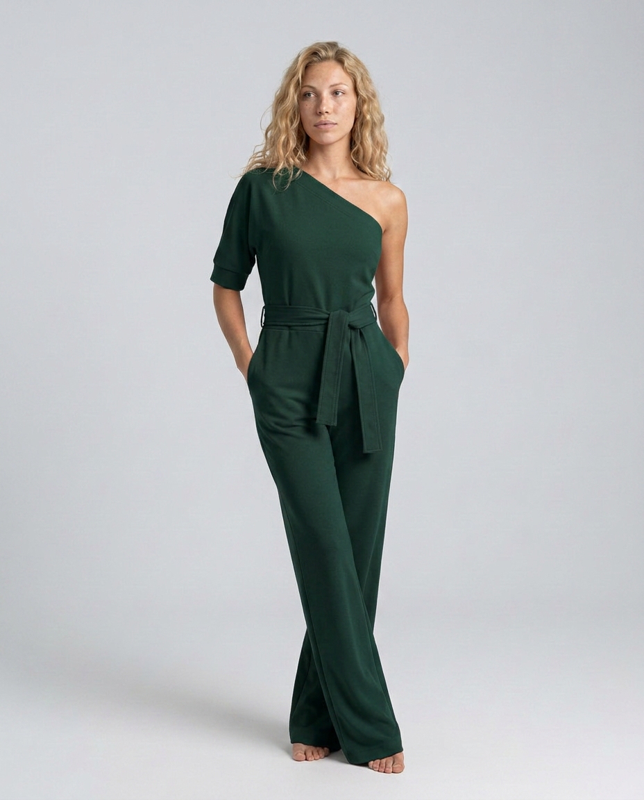 Women's Off-Shoulder Jumpsuit with Wide-Leg Trousers and Tie Belt - Army Green