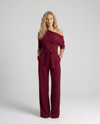 Women's Off-Shoulder Jumpsuit with Wide-Leg Trousers and Tie Belt - 15