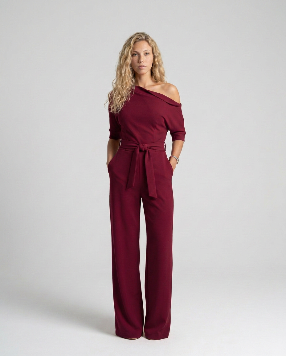 Women's Off-Shoulder Jumpsuit with Wide-Leg Trousers and Tie Belt - 15