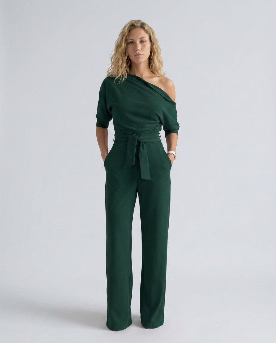 Women's Off-Shoulder Jumpsuit with Wide-Leg Trousers and Tie Belt - 16