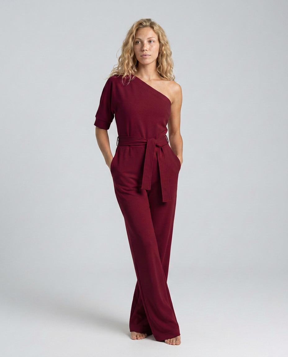 Women's Off-Shoulder Jumpsuit with Wide-Leg Trousers and Tie Belt - Wine Red