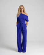 Women's Off-Shoulder Jumpsuit with Wide-Leg Trousers and Tie Belt - 12
