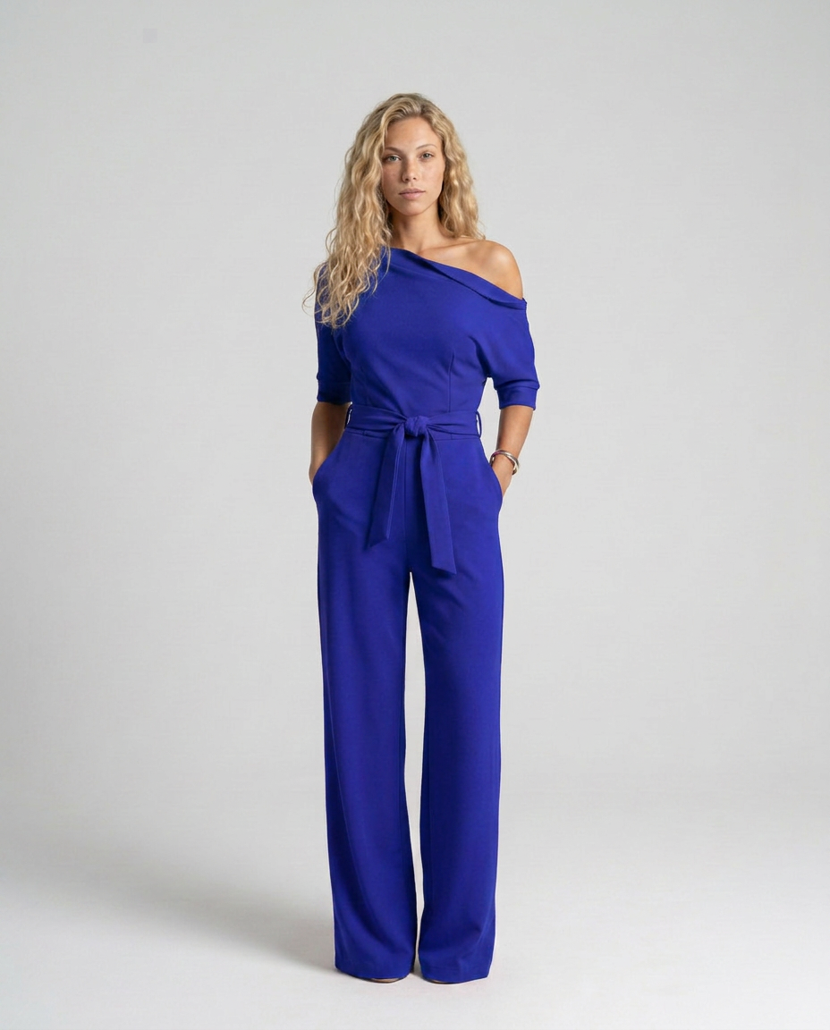 Women's Off-Shoulder Jumpsuit with Wide-Leg Trousers and Tie Belt - 12