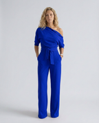 Women's Off-Shoulder Jumpsuit with Wide-Leg Trousers and Tie Belt - 10
