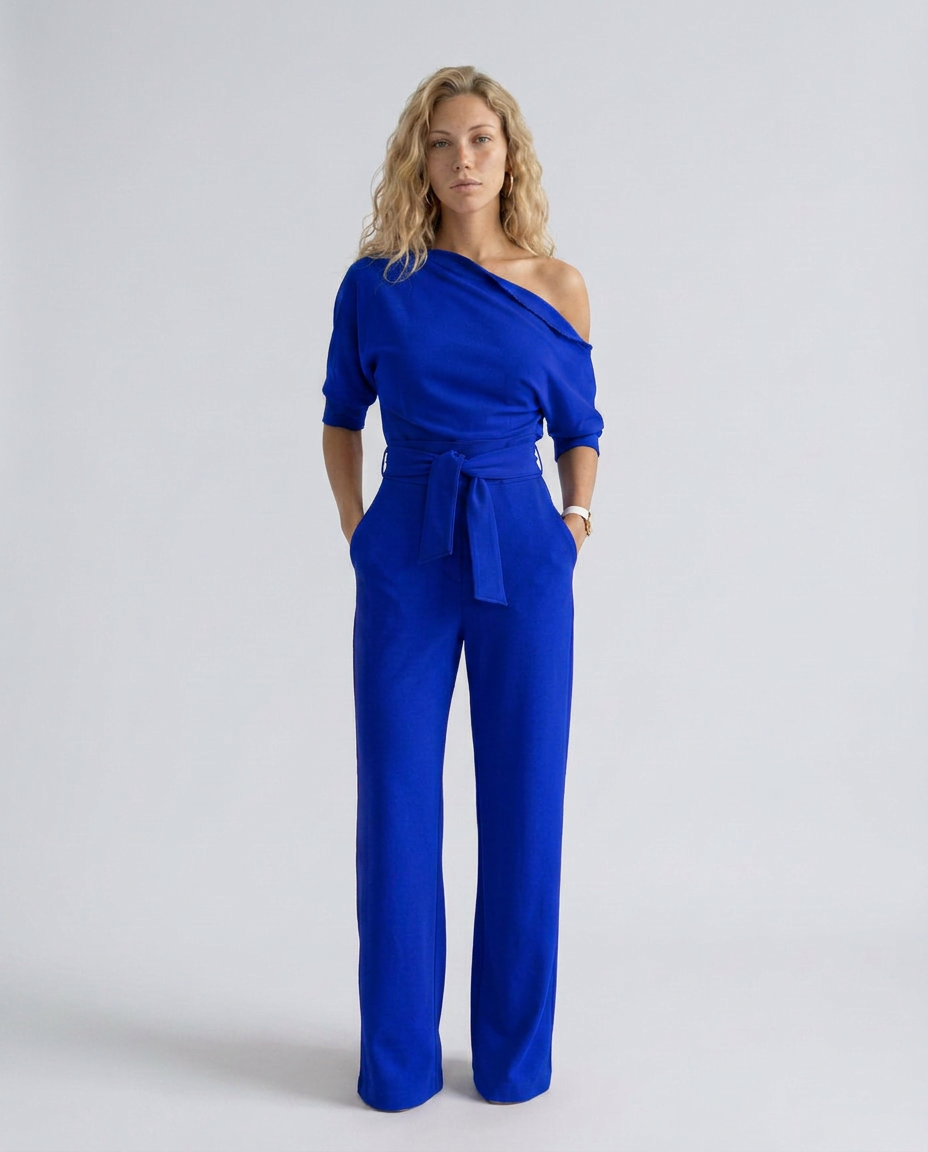 Women's Off-Shoulder Jumpsuit with Wide-Leg Trousers and Tie Belt - 10