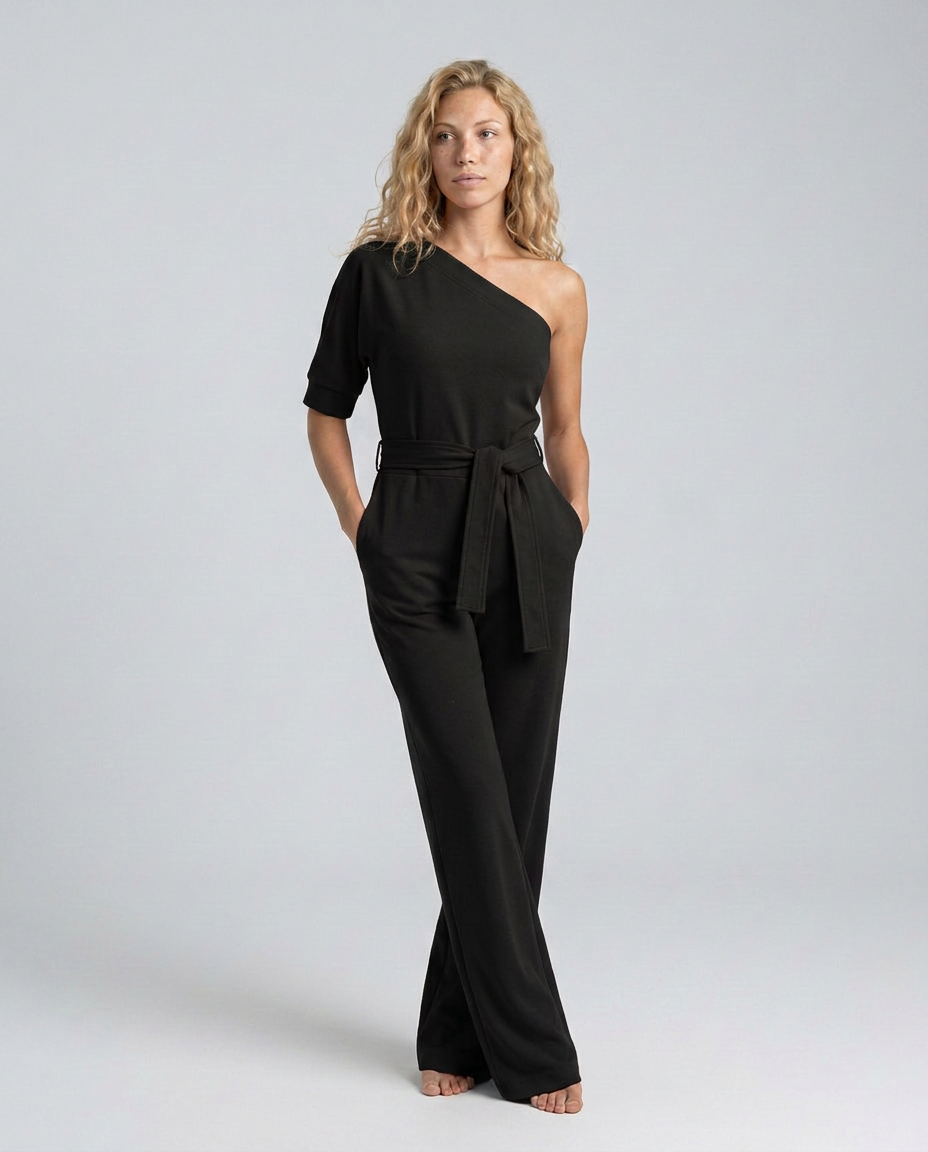 Women's Off-Shoulder Jumpsuit with Wide-Leg Trousers and Tie Belt - Black